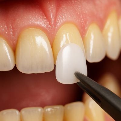 ラミネートベニア治療で歯の表面にセラミックを貼付ける施術イメージ